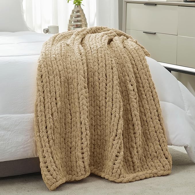 Amélie Home Chunky Knit Throw Blanket for Couch, Soft Chenille Crochet Blanket for Sofa, 50"x60", Beige-Ruum Studio Home