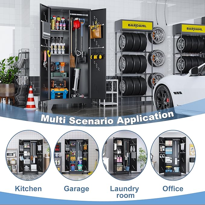 Metal Garage Storage Cabinet with Locking Doors, 71" Tall Broom Closet Storage Cabinet, Heavy Duty Garage Organization Cabinets, Steel Cabinet with Hanging Rod, Assembly Required-Ruum Studio Home