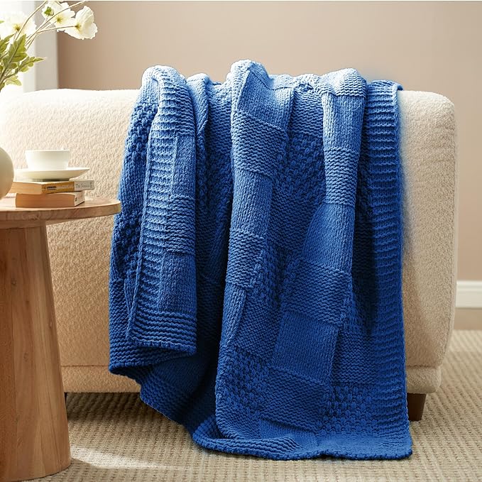 Amélie Home Chenille Knit Throw Blanket for Couch, Checkered Texture Decorative Soft Blanket for Sofa, Bed & Living Room, 50"x60", Blue-Ruum Studio Home