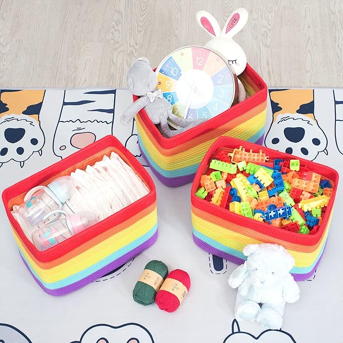 MINTWOOD Design 3-Pack Storage Baskets for Shelves, Playroom and Classroom, Book Basket, Decorative Storage Cube Bins, Woven Closet Organizers, Pantry and Shoe Organizer, Rainbow-Ruum Studio Home