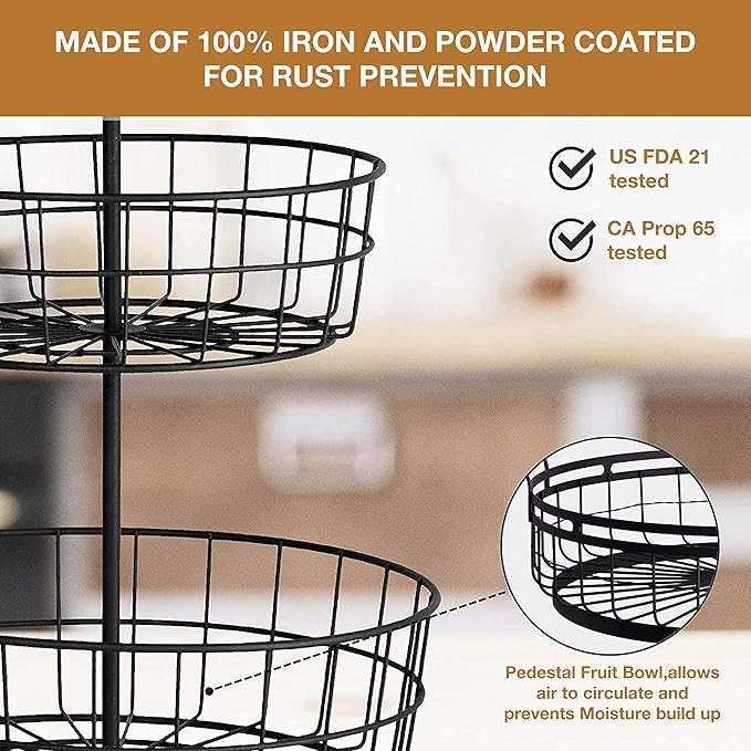 REGAL TRUNK & CO. 3 Tier Fruit Basket, Elegant French Country Wire Baskets, Three Tiered Wire Basket Stand for Vegetables, Bread & More for Countertop or Hanging, Christmas or Birthday Present-Ruum Studio Home