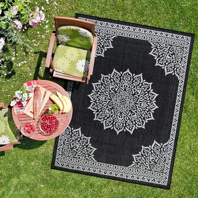 CAMILSON Outdoor Rug, 9x12 Medallion Black White Modern Area Rugs for Large Indoor and Outdoor Patios, Kitchen and Hallway Mats, Washable Porch Deck Outside Carpet (Medallion Black, 9 x 12)-Ruum Studio Home