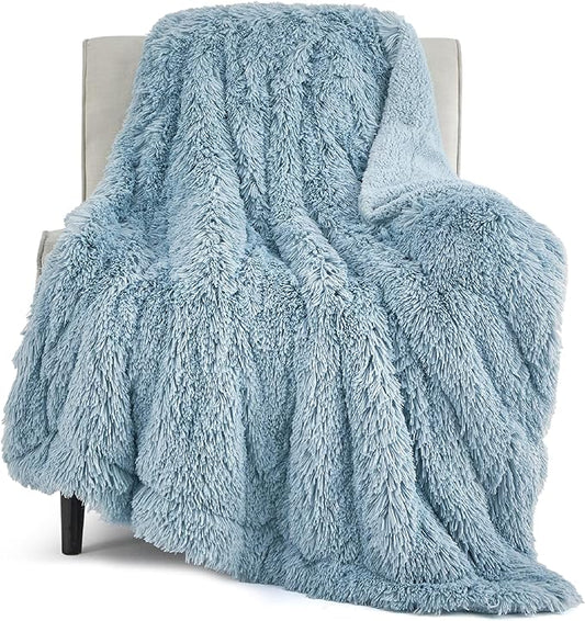 Bedsure GentleSoft Fuzzy Sherpa Faux Fur Blue Twin Blanket Cozy Gifts for Women Men, Soft Fleece Plush Warm Minky Thick Blanket Twin Size for Bed, Couch, Room Decor Dorm Essentials Blue Gifts, 60x80-Ruum Studio Home