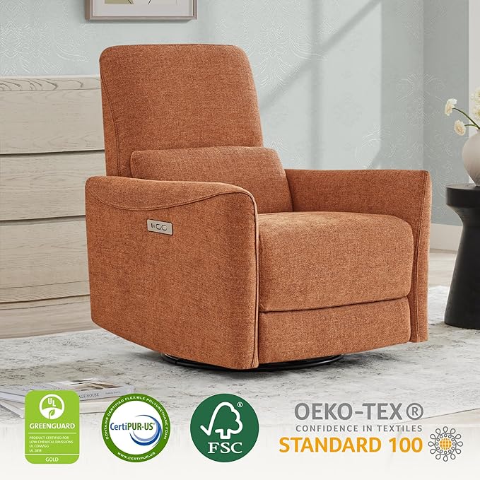 CHITA Power Recliner Chair Swivel Glider, FSC Certified Fabric Living Room Nursery Reclining Sofa Chair with Lumbar Support,Terracotta-Ruum Studio Home