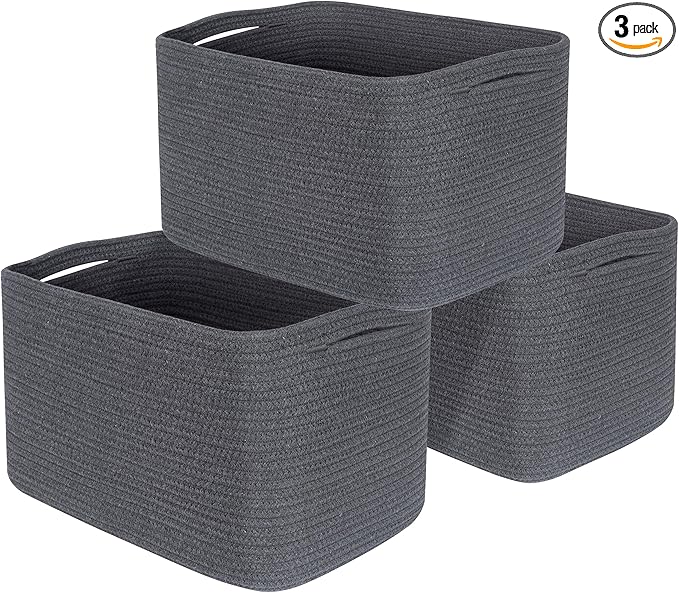 MINTWOOD Design 3-Pack Decorative Woven Storage Baskets for Shelves, Cube Bin Box for Organizing Books, Shoes, Dog Toys, Pantry Closet and Living Room Organizer, Charcoal Gray-Ruum Studio Home