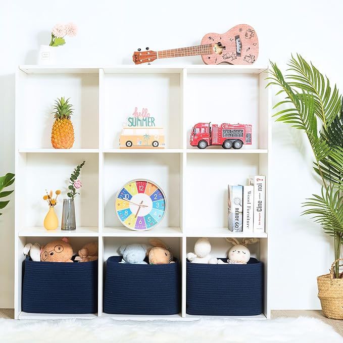MINTWOOD Design 3-Pack Decorative Woven Storage Baskets for Shelves, Cube Bin Box for Organizing Books, Shoes, Dog Toys, Pantry Closet and Living Room Organizer, Navy Blue-Ruum Studio Home