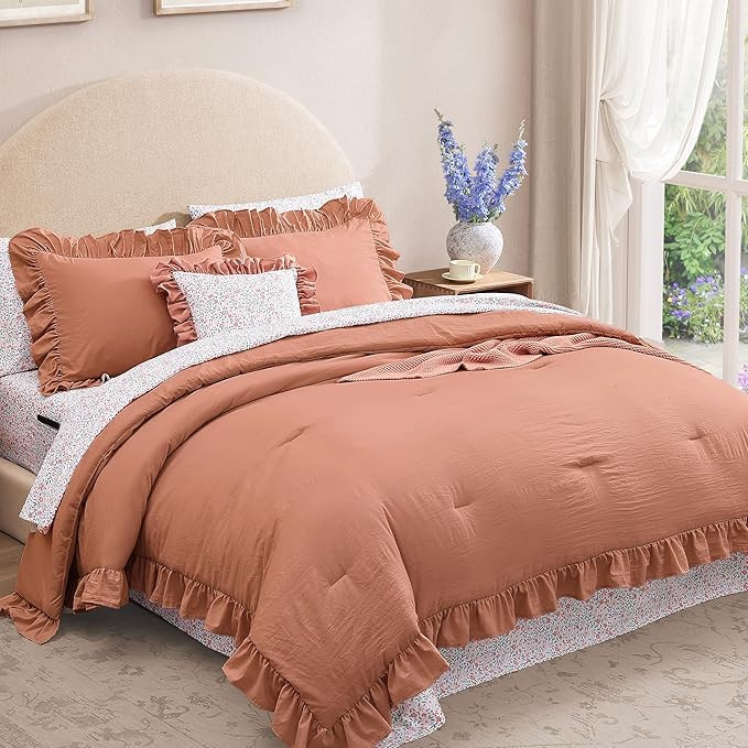 King Comforter Set - 7 Pieces Ruffle Autumn Leaf Bedding Sets, Shabby Chic Farmhouse Bed in a Bag King with Ruffle Comforter, Floral Sheets, Pillowcases & Shams-Ruum Studio Home
