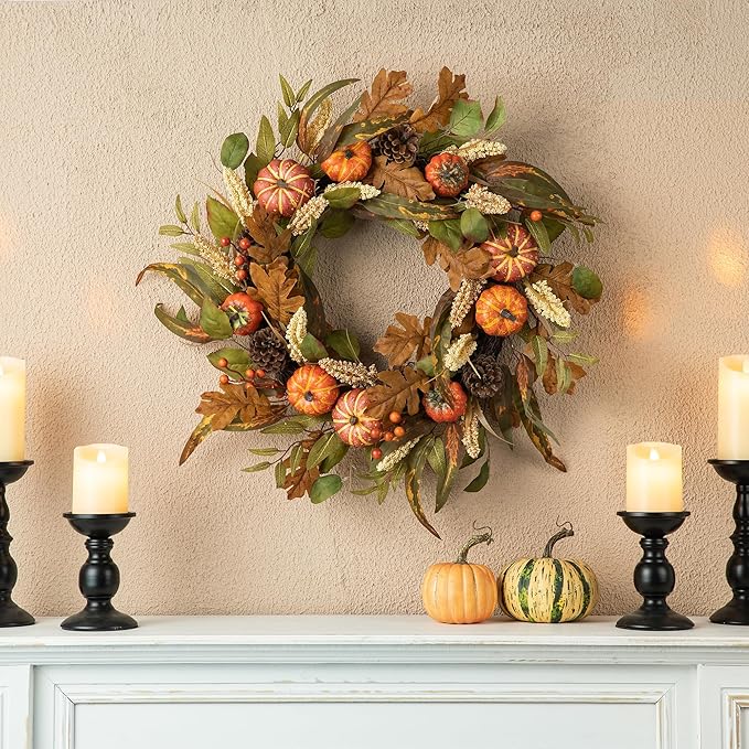 Glitzhome 24''D Fall Pumpkin Leaf Floral Wreath Decor, Artificial Harvest Door Wreath for Autumn or Thanksgiving Decoration-Ruum Studio Home