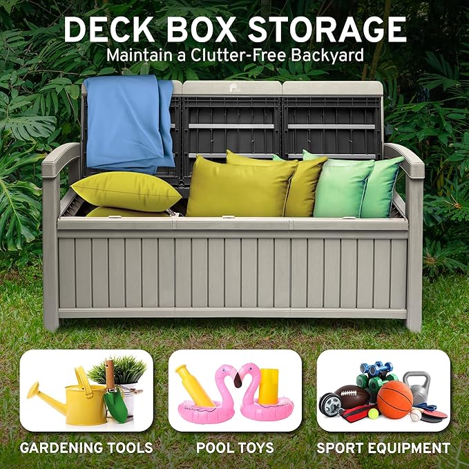 EconoHome 3 Seat Outdoor Storage Bench - 90 Gallon Capacity - Weatherproof Resin Bench for Patio, Porch, Garden, Yard, Pool Area - Furniture for Pool Accessories, Gardening Tools, Toys-Ruum Studio Home