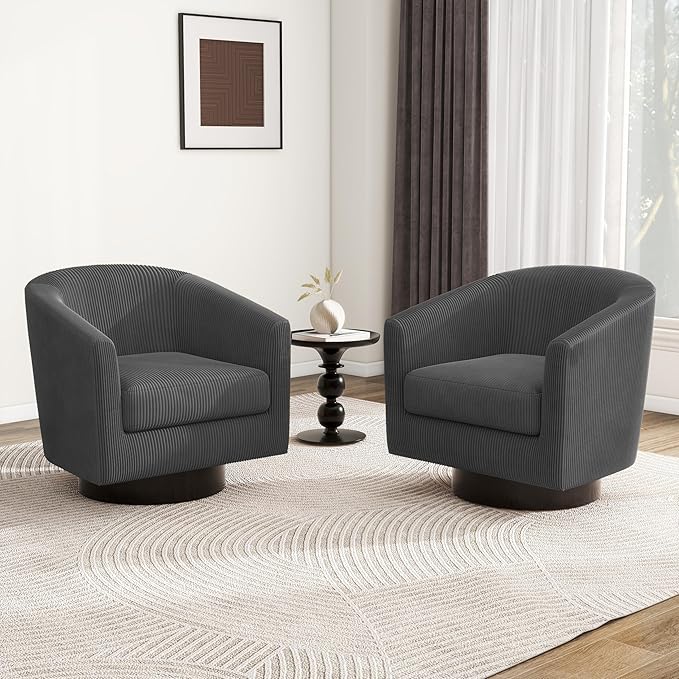 Swivel Barrel Accent Chair, Modern Round Corduroy Fabric Arm Chair for Living Room, Bedroom, Comfy Club Reading Chairs for Adults (Corduroy Grey, Set of 2)-Ruum Studio Home