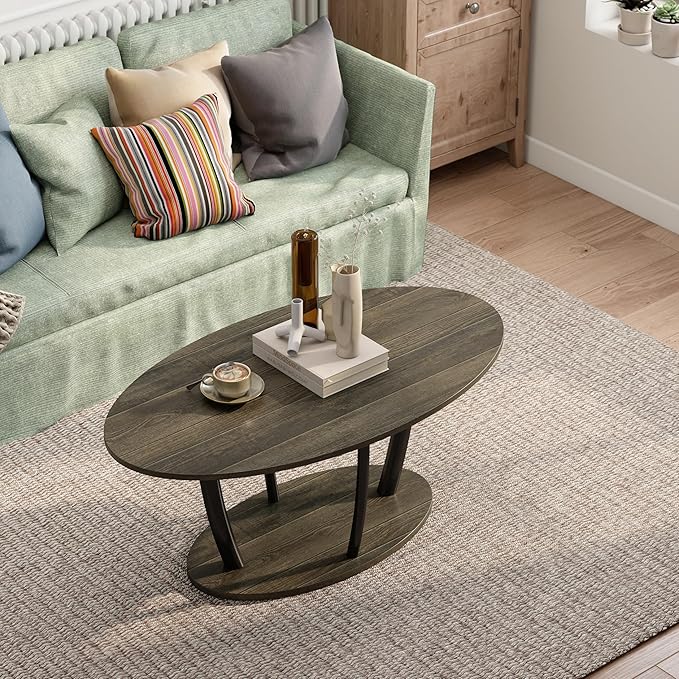 Manora Small Oval Coffee Table with Storage, Rustic Farmhouse Industrial Center Table for Living Room, VintageTea Table for Small Spaces, Gray-Ruum Studio Home