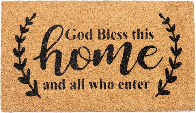 Welcome Doormats, Natural Coco Coir Mats with Non-Slip PVC Backing, Indoor Outdoor Mats for Home & Office, Mats for Door with God Bless This Home Print, Beige & Black, 30"x17"-Ruum Studio Home