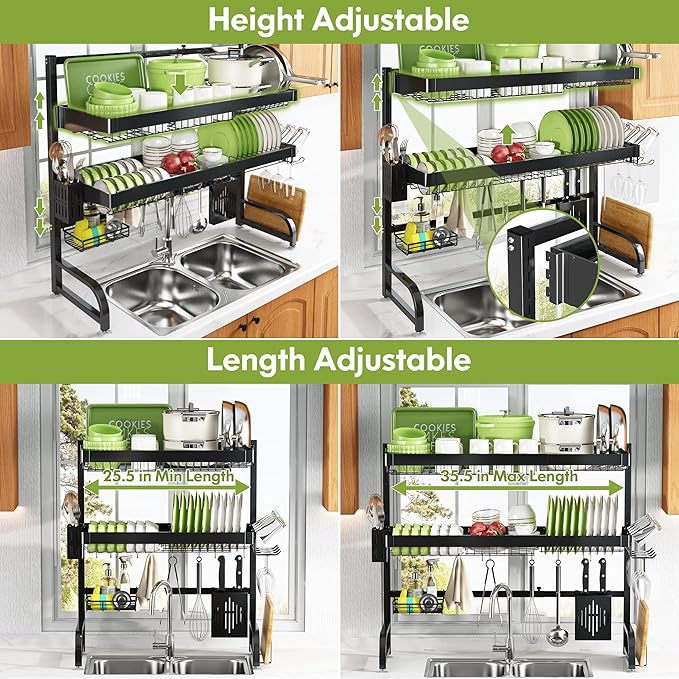 3 Tier Extra Large Stainless Steel Expandable Over The Sink Dish Drainer Drying Rack, Rust Proof Metal, Space Saving, Modern Black Big Capacity Extendable Plate Strainers Above Kitchen Counter-Ruum Studio Home