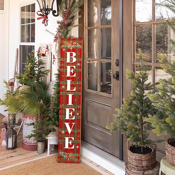 Winter Believe Porch Board Welcome Sign for Front Buffalo Plaid Door Porch Deck Patio or Wall - Indoor Outdoor Decorative Farmhouse Rustic Vertical Porch and Yard Decor - 47.2"H-Ruum Studio Home