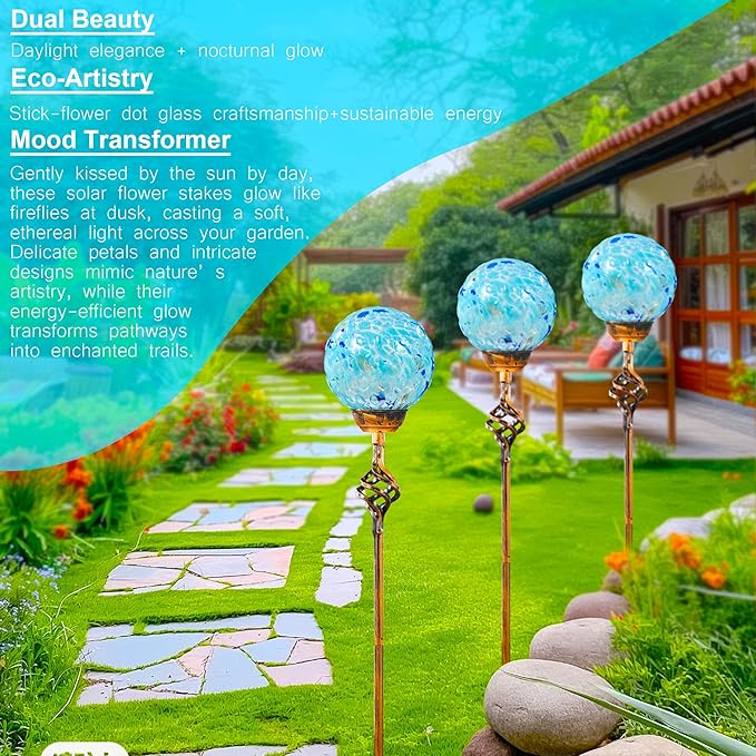 Garden Solar Lights, Decorative LED Honeycomb Glass Ball Garden Stake, Glass and Metal Outdoor Decoration, 4 x 31 Inch (Light Blue)-Ruum Studio Home