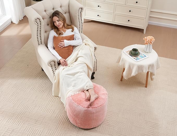 Orange Ottomon with Storage 20"x15" Vanity Stool for Bean Bag Chairs for Adults Kids Filled Floor Pouf Footrest Ottoman Furry Storage Ottoman Round Boho Ottomans for Living Room Decor-Ruum Studio Home