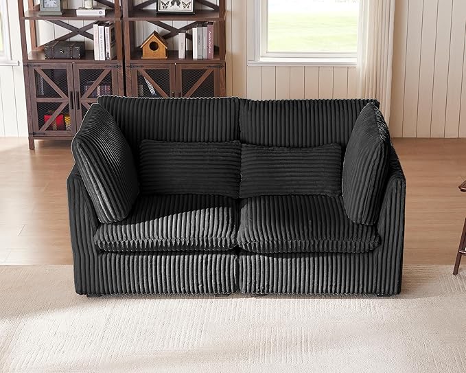 Oversized Modular Sofa, Extra Deep Cloud Corduroy Sectional Couch with Ottoman Chaise, Fluffy Corduroy 2 Seater Sofa Bed for Living Room, Villa (Loveseat Sofa, Corduroy Black)-Ruum Studio Home