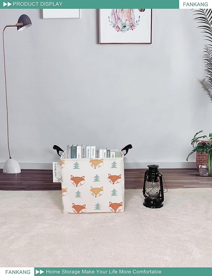 FANKANG Square Nursery Hamper Storage Bins Canvas Laundry Basket Foldable with Waterproof PE Coating Storage Baskets Gift Baskets for Children, Office, Bedroom, Clothes（Square-Fox）-Ruum Studio Home