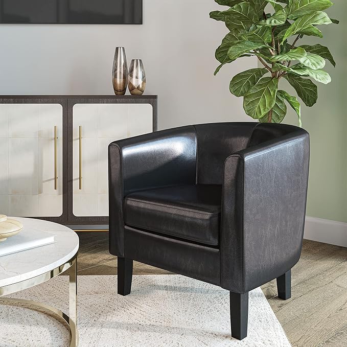 BELLEZE Accent Barrel Chair, Set of 2 Faux Leather Round Club Tub Sofa Corner Chair with Flared Legs and Cozy Soft Padding for Living Room Bedroom Waiting Room - Black-Ruum Studio Home