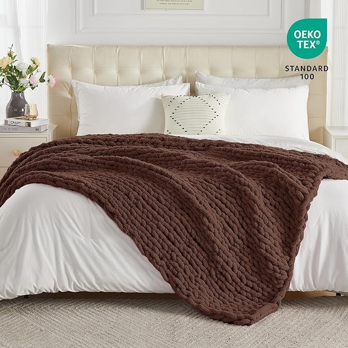 Carriediosa Chunky Knit Throw Blanket 50" X 60", 100% Hand Made Large Chenille Loop Yarn Soft Fluffy Throws for Couch Sofa Bed, Big Crochet Cozy Heavy Thick Cable Woven Blanket, Cocoa Brown-Ruum Studio Home