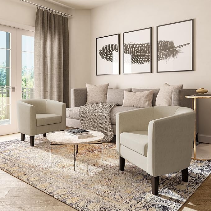 BELLEZE Accent Barrel Chair, Set of 2 Faux Leather Round Club Tub Sofa Corner Chair with Flared Legs and Cozy Soft Padding for Living Room Bedroom Waiting Room - Beige-Ruum Studio Home