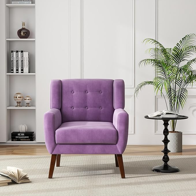 UIXE Accent Chair Modern Upholstered Armchair, Mid Century Club Arm Chairs Comfy Single Sofa Living Room Button Tufted Reading Seat Bedroom Side Seating, Velvet-Purple-Ruum Studio Home
