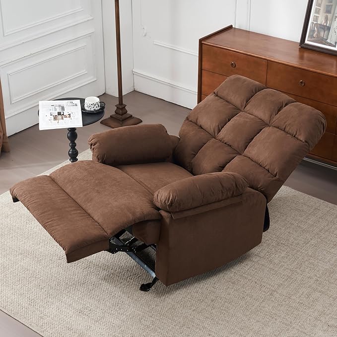 Rocker Recliner Chair, Overstuffed Manual Rocking Recliner for Adults, Upholstered Comfy Soft Fabric Living Room Reclining Sofa Chair (Brown Fabric)-Ruum Studio Home