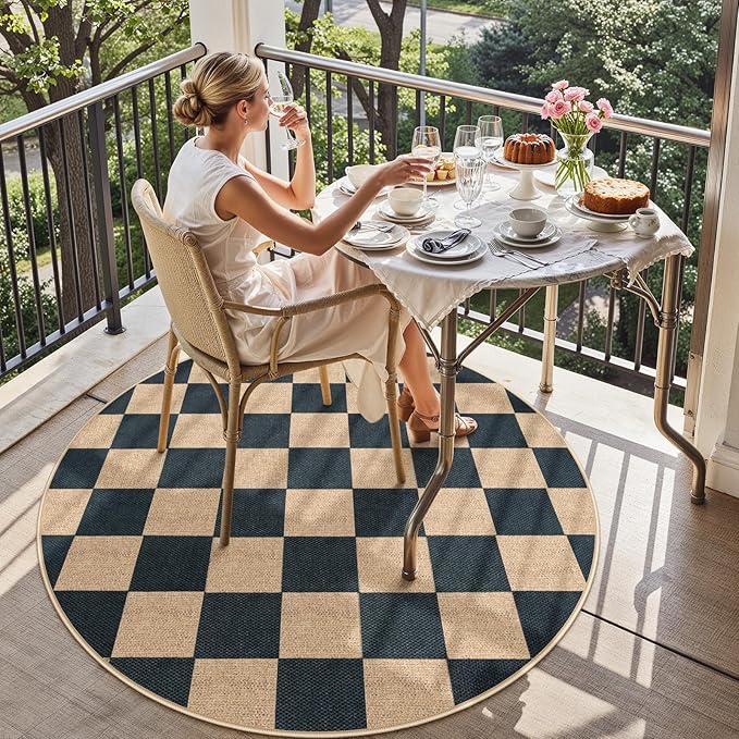 Lahome Checkered 4 ft Easy Jute Round Rug, Washable Small Rugs for Entryway Patio, Farmhouse Non Slip Non Shedding Indoor Outdoor Circle Carpet for Kitchen Porch-Ruum Studio Home