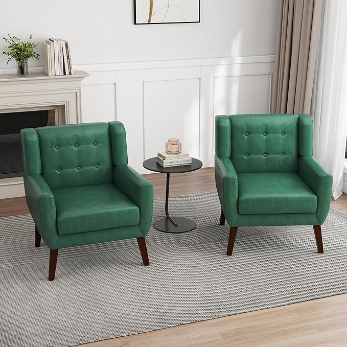 UIXE PU Leather Accent Chairs Set of 2, Modern Arm Club Chair Upholstered Armchair for Living Room, Comfy Single Sofa Seats Button Tufted Reading Seating, Green-Ruum Studio Home