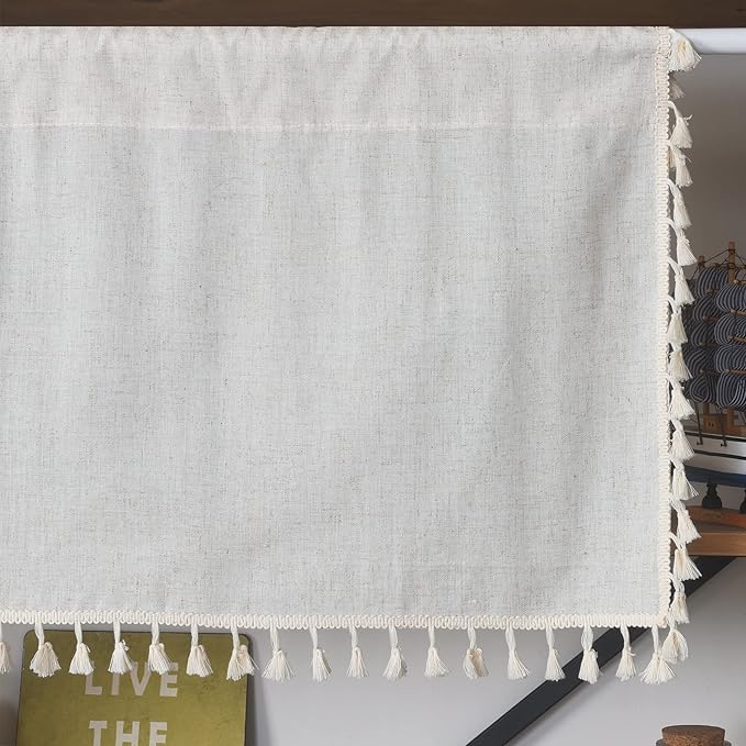 Sutuo Home Boho Sheer Curtain Valance Cotton Linen with Bohemian Handmade Tassels, Short French Farmhouse Window Treatment for Kitchen Cafe, Rod Pocket, 1 Panel 59" W x 18" L, Natural-Ruum Studio Home