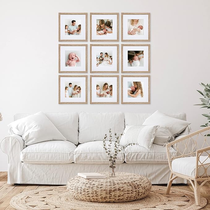 Sheffield Home 9 Piece Gallery Wall Frame Set, 12x12 in. Matted to 8x8 in. (Light Natural)-Ruum Studio Home