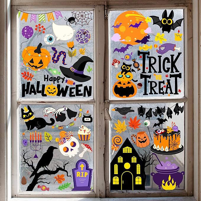 Halloween Window Clings - Halloween Decorations Static Window Stickers for Glass, Removable Large Double-Sided Window Decals for Indoor Home Decor, Bat Fall Cute Party Gift, 65 PCS/9 Sheet-Ruum Studio Home
