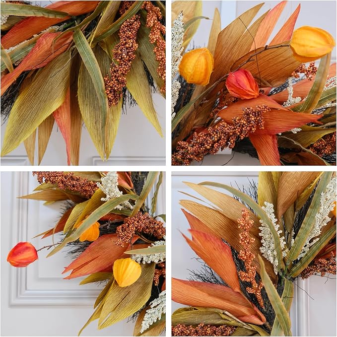 Fall Corn Husk & Berry Door Wreath for Front Door 24 Inch, Festive & Rustic Farmhouse Autumn Harvest Wreath, Fall Decor for Home Door Wall Porch Window, Orange/Yellow/Brown-Ruum Studio Home