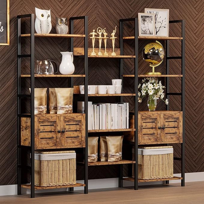IRONCK Industrial Bookshelf and Bookcase with 2 Louvered Doors 5 Tiers Triple Wide Display Shelf with Storage Cabinet for Living Room Home Office-Ruum Studio Home