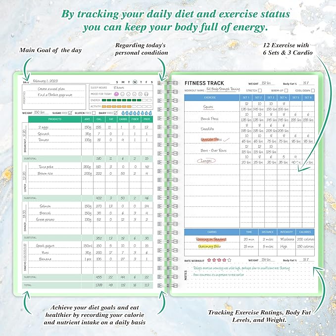 Wellness Planner & Fitness Log - Daily Diet & Health Journal with Weight Loss, Wellness Journal Notebook for Tracking Fitness, Sleep, Nutrition, Meal, Habits, A5(5.8 x 8.6 inch) (Green)-Ruum Studio Home