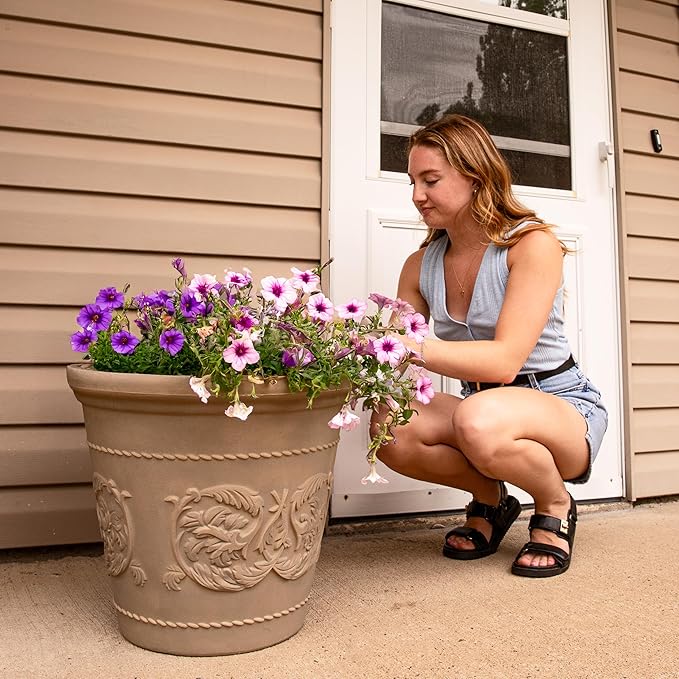 Sunnydaze 19.5-Inch Arabella Large Plant Pot - Polyresin Round Outdoor Planter with Drillable Drainage Holes - 2 Pack - Beige-Ruum Studio Home
