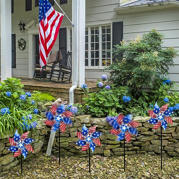 Hausse 10 Pack Reflective Pinwheels Patriotic Decorations, American Flag on Stick Wind Spinner with Stake for Independence Day, Memorial Day July of 4th Party Supplies, Scare Birds Repellent Devices-Ruum Studio Home