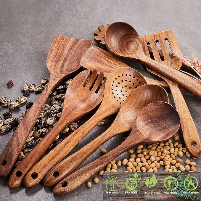 Wooden Kitchen Utensils Set,GUDAMAYE 9 PCE Natural Teak Wooden Spoons For Non-stick Pan for Cooking,-Ruum Studio Home