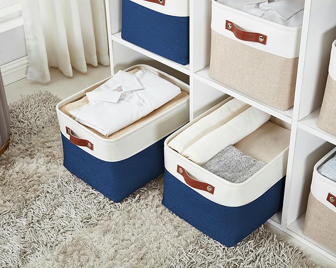 DECOMOMO Storage Bins Fabric Storage Baskets for Shelves, Linen Closet Organization Toys Nursery (Navy Blue and White, Large - 3 Pack)-Ruum Studio Home