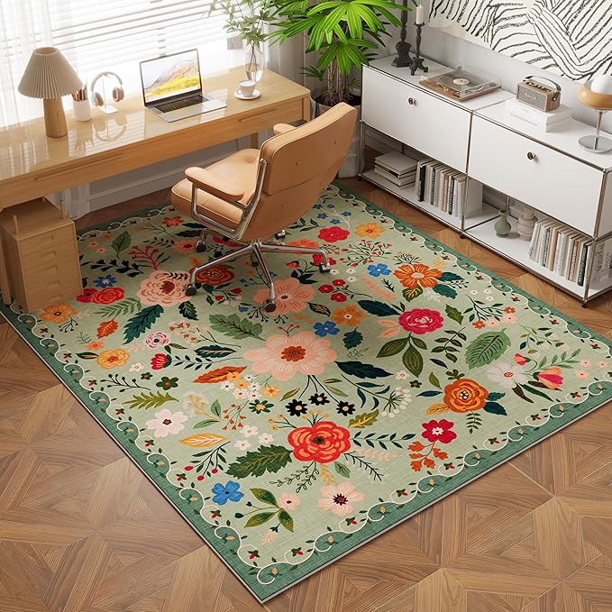 Bedroom Rug 3x5 Rug Washable Area Rug Non Slip Low Pile Boho Floral Small Carpet for Bedroom, Bedside, Kitchen, Entryway, Kids Room, Office, College Dorm Essentials for Girls(Green)-Ruum Studio Home