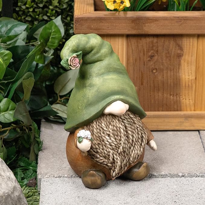 Alpine Corporation QWR1442 Outdoor Gnome with Green Hat Holding a Flower for Garden, Patio, and Lawn, 10" H, Multicolor-Ruum Studio Home