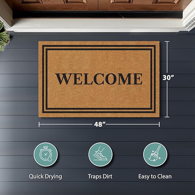 Barnyard Designs Natural Coco Coir Heavy Duty Backing Doormat - Large Cute Non-Slip Front Door Welcome Mat for Outside Entrance or Porch Entry, Brown (30x48, Welcome)-Ruum Studio Home