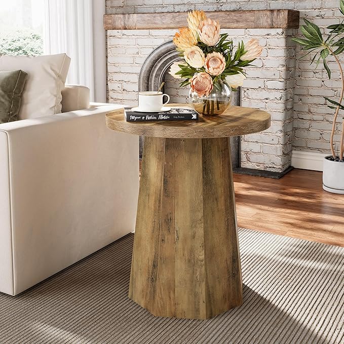 Tribesigns Round Pedestal End Table, Farmhouse Couch Side Table with Octagonal Base, Nightstand Accent Wooden Drink Stand (2, Rustic Brown)-Ruum Studio Home