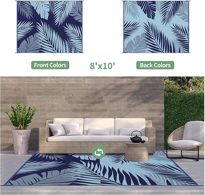 GENIMO Outdoor Rug 8' x 10' Waterproof for Patios Clearance, Reversible Outdoor Plastic Straw Camping Rug Carpet, Large Area Rugs Mats for RV, Camper, Deck, Balcony, Porch, Beach, Navy Blue&Baby Blue-Ruum Studio Home
