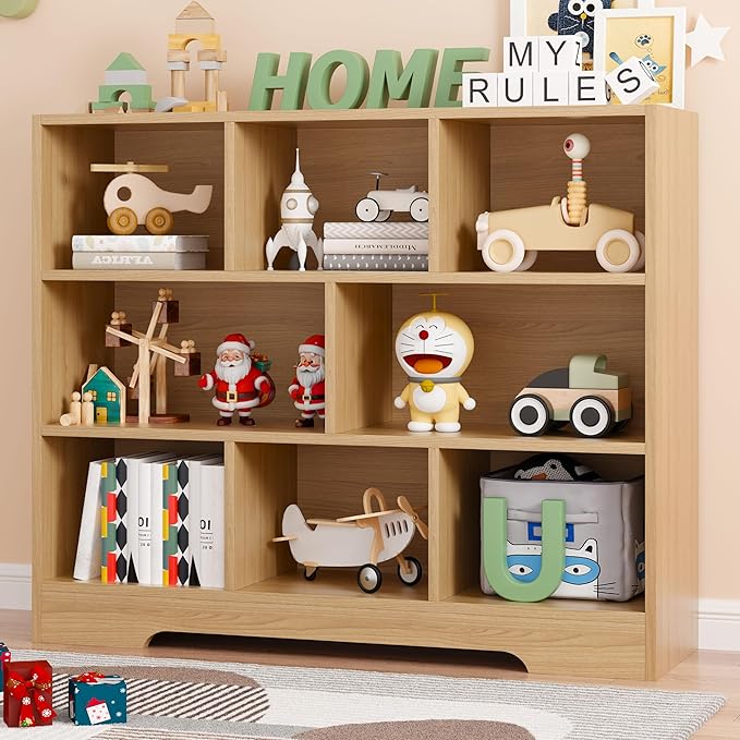Book Shelf, 8 Cubes Storage Organizer, 3-Tier Open Shelf Wooden Bookcase, Freestanding Log Bookshelf Cube Shelf for Bedroom, Living Room, Home Office-Ruum Studio Home