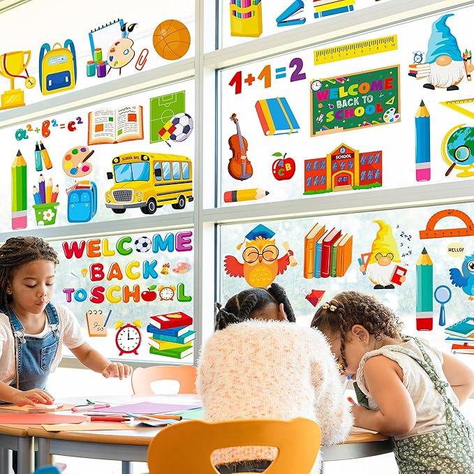 9 Sheets Back to School Window Clings, Double-Sided Window Clings for Classroom, Bus Apple Pencil First Day of School Book Window Stickers for First Day of School Decorations Supplies Decor-Ruum Studio Home