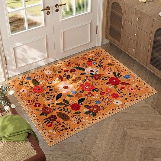 Door Mat Indoor Entrance 2x3 Rug Machine Washable Boho Floral Small Area Rug Non-Slip Low Pile Throw Rugs for Entryway, Kitchen, Front Door Indoor Entrance, Entry, Kids Room (Yellow)-Ruum Studio Home