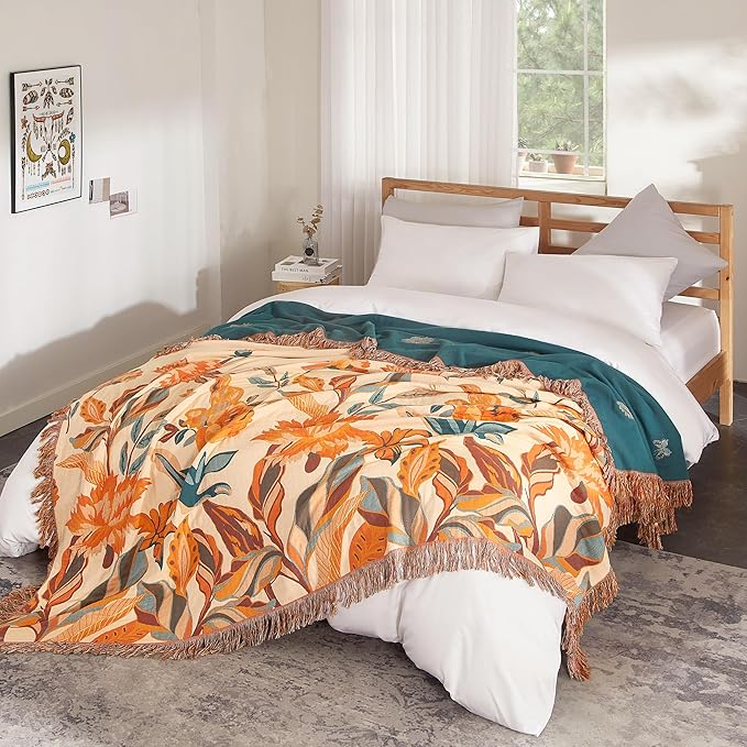 Boho Throw Blanket for Bed 90”x98”, 100% Cotton Woven Blanket for Couch Sofa, Ultra Soft 4-Layer Muslin Quilt with Floral Printed, Farmhouse Bed Blanket/Cover for Living Room Decor-Ruum Studio Home