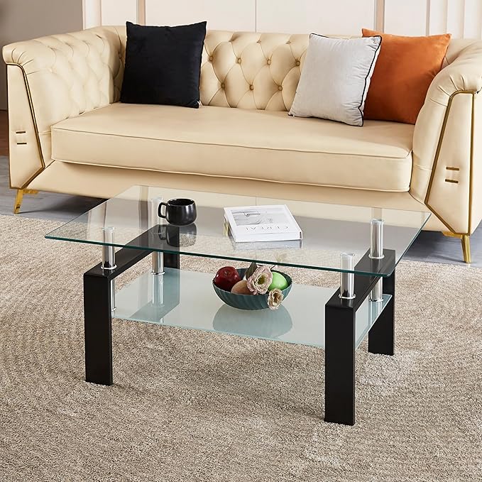 Glass Coffee Table for Living Room, 2 Layer Center Table with Clear Rectangle Tempered Glass Top Black Metal Leg, Mordern Home Office Furniture-Ruum Studio Home