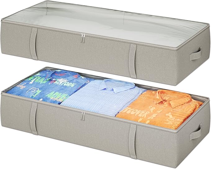 2-Pack Under Bed Storage Containers, 8 Inches Tall Underbed Clothes Storage Organizer Bin with Sturdy Sidewalls/Bottom, Under the Bed Storage Bags 2 Storage Bins, Light Grey-Ruum Studio Home